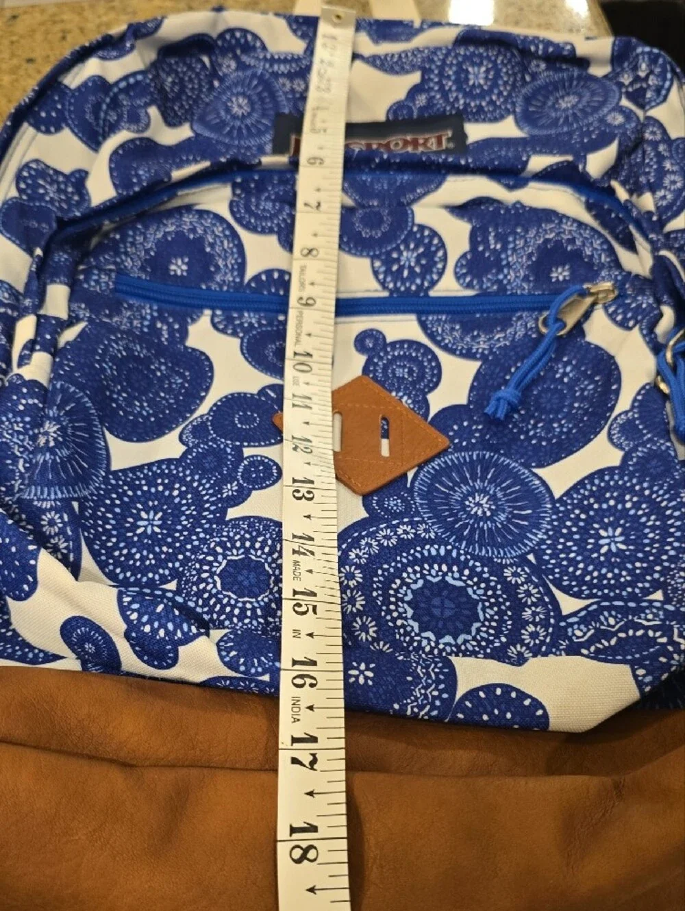 Jansport Blue & White Patterned Backpack with Brown Base